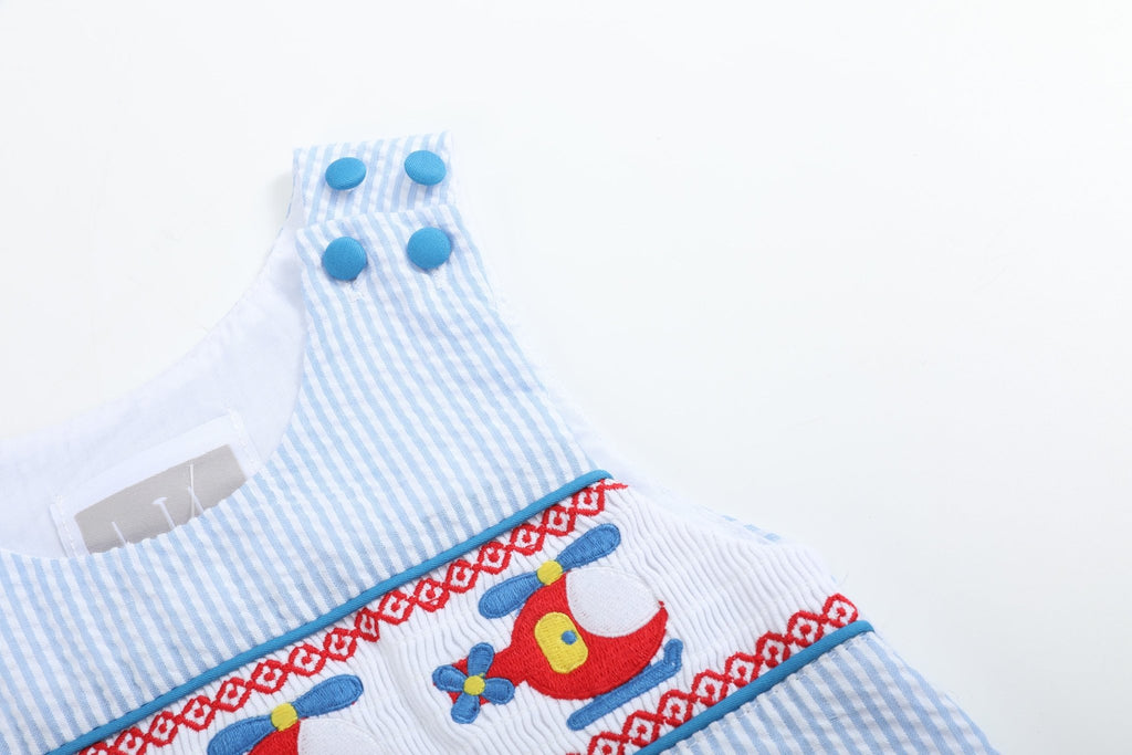 Blue Seersucker Helicopter Smocked Shortalls - Lil Cactus