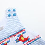 Blue Seersucker Helicopter Smocked Shortalls - Lil Cactus
