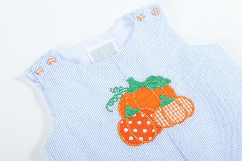 Blue Seersucker Pumpkin Shortalls - Lil Cactus