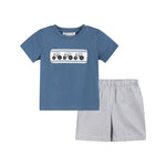 Blue Tractor Smocked Shirt and Gray Shorts Set - Lil Cactus