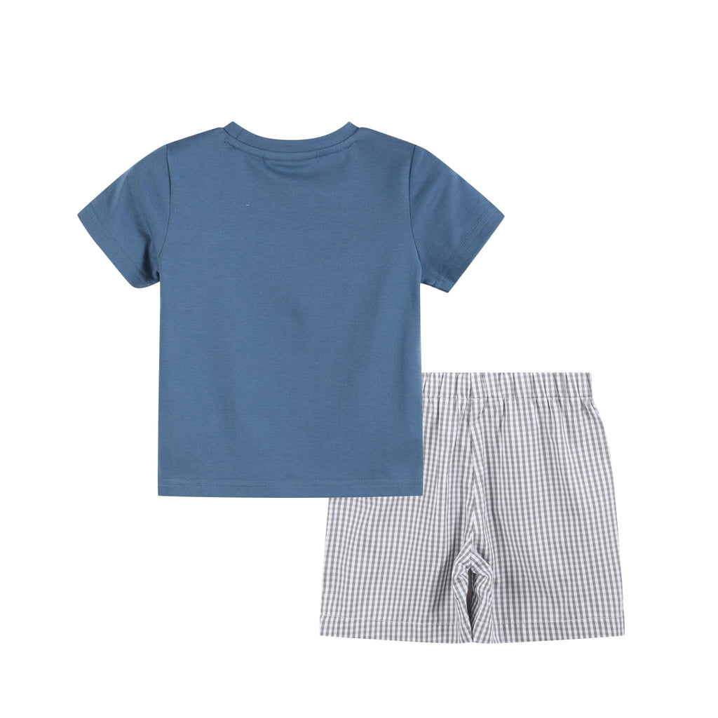 Blue Tractor Smocked Shirt and Gray Shorts Set - Lil Cactus
