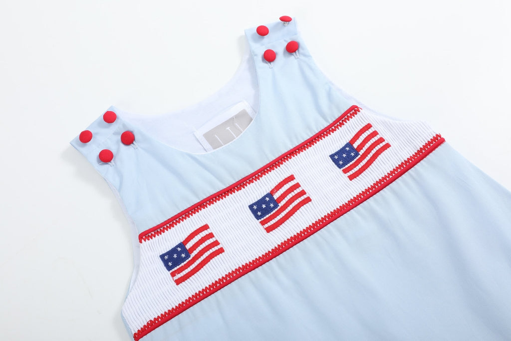 Blue USA Flag Smocked Shortalls - Lil Cactus