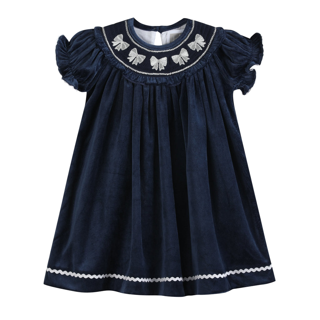 Blue Velvet Silver Bows Smocked Ruffle Bishop Dress - Lil Cactus