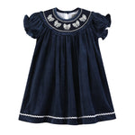 Blue Velvet Silver Bows Smocked Ruffle Bishop Dress - Lil Cactus