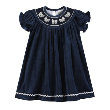 Blue Velvet Silver Bows Smocked Ruffle Bishop Dress - Lil Cactus