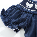 Blue Velvet Silver Bows Smocked Ruffle Bishop Dress - Lil Cactus