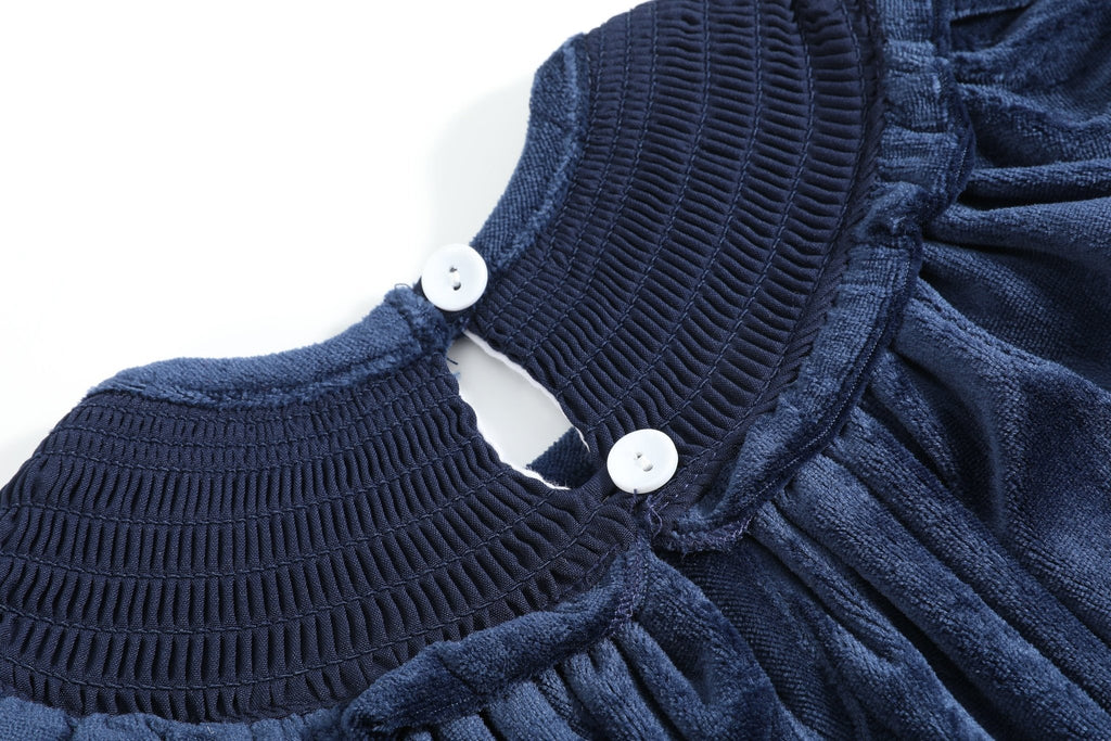 Blue Velvet Silver Bows Smocked Ruffle Bishop Dress - Lil Cactus