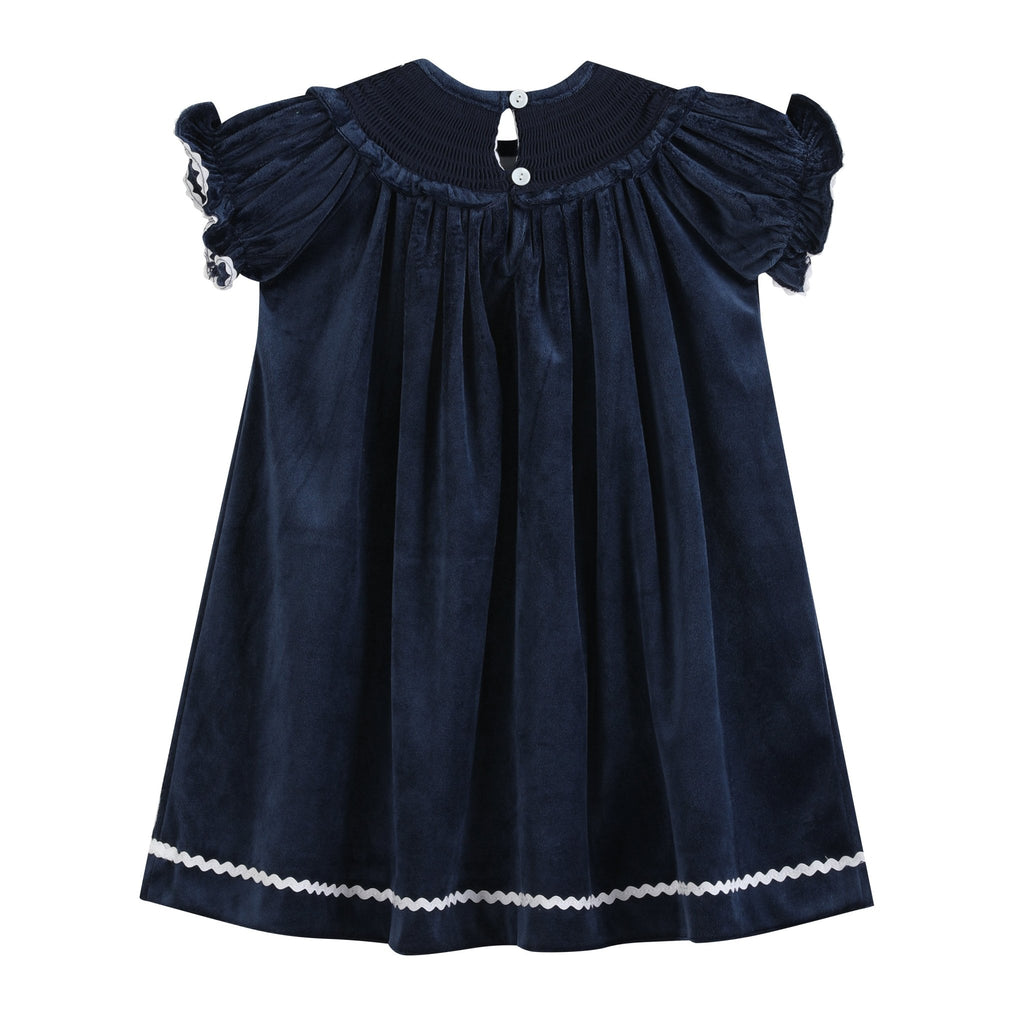 Blue Velvet Silver Bows Smocked Ruffle Bishop Dress - Lil Cactus