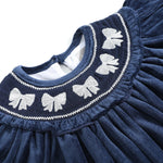 Blue Velvet Silver Bows Smocked Ruffle Bishop Dress - Lil Cactus