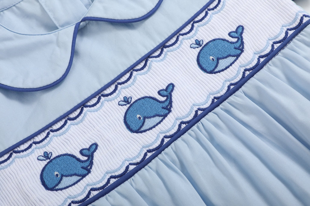 Blue Whale Smocked Collared Bubble Romper - Lil Cactus