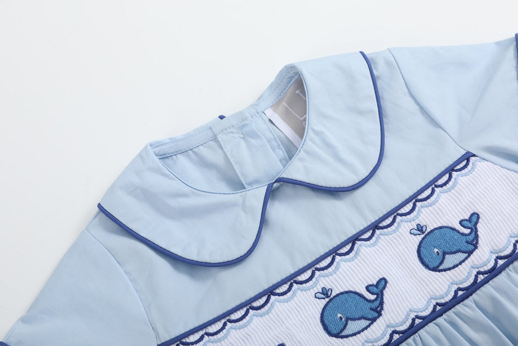 Blue Whale Smocked Collared Bubble Romper - Lil Cactus