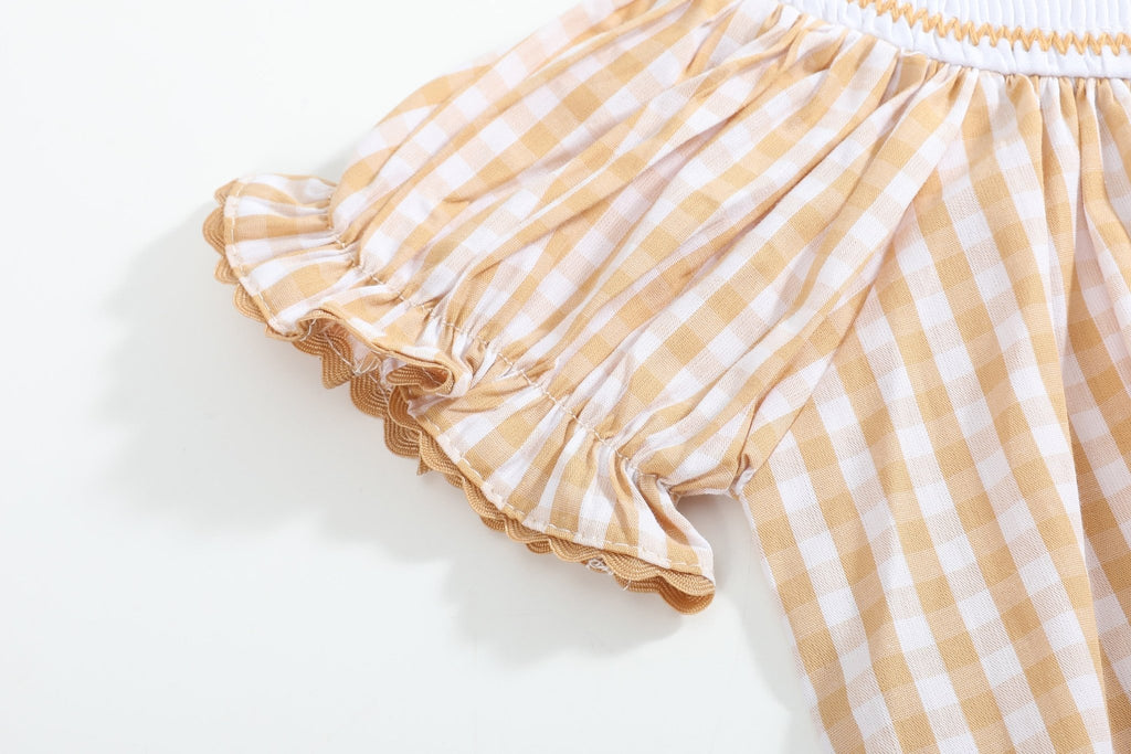 Brown Gingham Football Smocked Bishop Dress - Lil Cactus