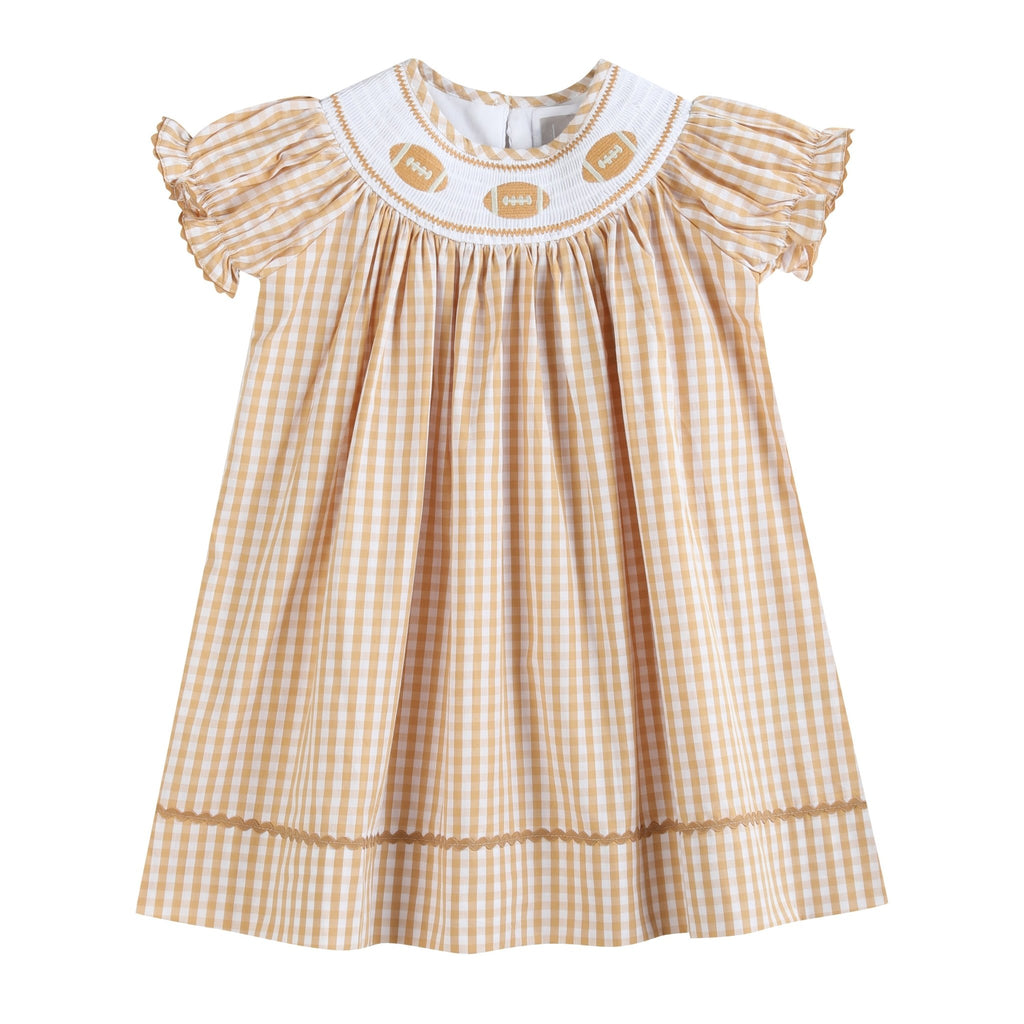 Brown Gingham Football Smocked Bishop Dress - Lil Cactus