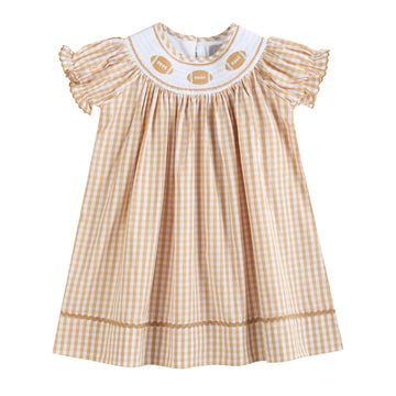 Brown Gingham Football Smocked Bishop Dress - Lil Cactus