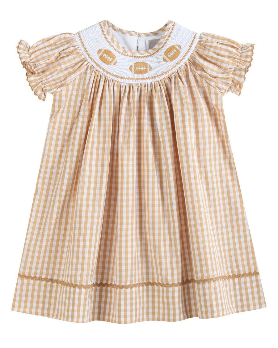 Brown Gingham Football Smocked Bishop Dress - Lil Cactus