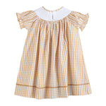 Brown Gingham Football Smocked Bishop Dress - Lil Cactus