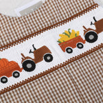 Brown Gingham Pumpkin and Corn Tractor Smocked Overalls - Lil Cactus