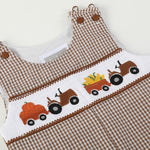 Brown Gingham Pumpkin and Corn Tractor Smocked Overalls - Lil Cactus