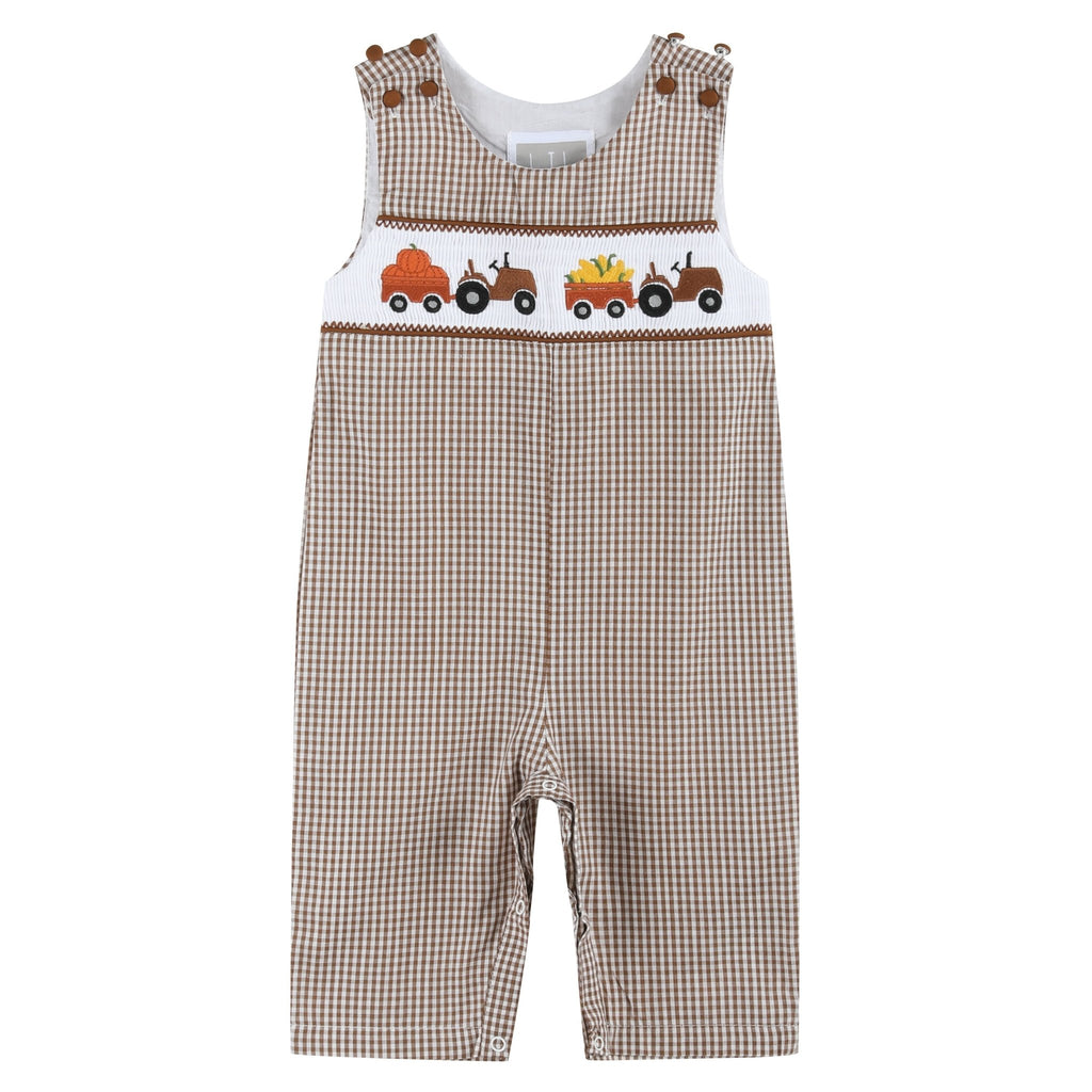 Brown Gingham Pumpkin and Corn Tractor Smocked Overalls - Lil Cactus