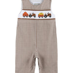 Brown Gingham Pumpkin and Corn Tractor Smocked Overalls - Lil Cactus