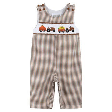 Brown Gingham Pumpkin and Corn Tractor Smocked Overalls - Lil Cactus