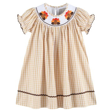 Brown Gingham Turkey Smocked Bishop Dress - Lil Cactus