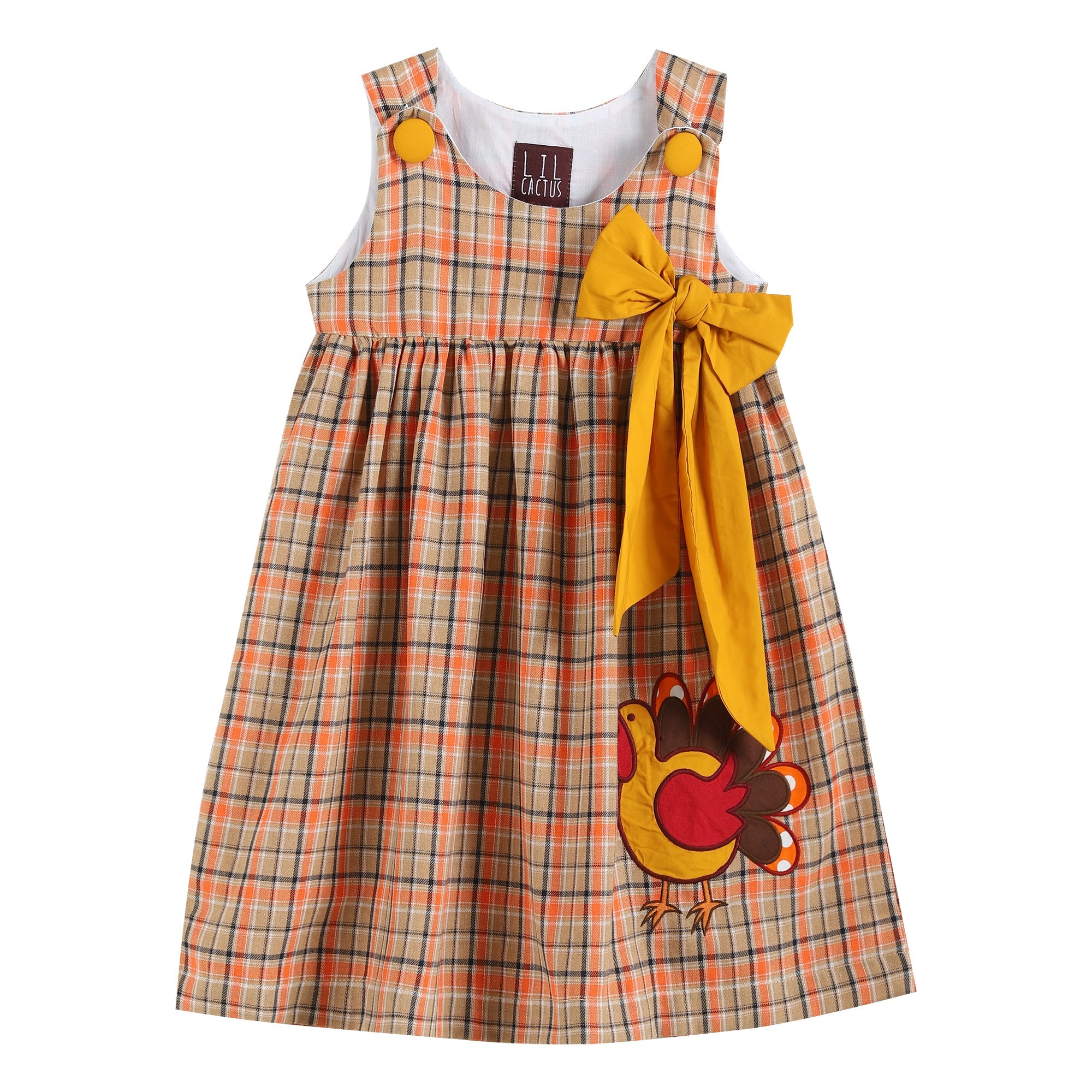 Brown Mustard Plaid Turkey Bow Corduroy Dress
