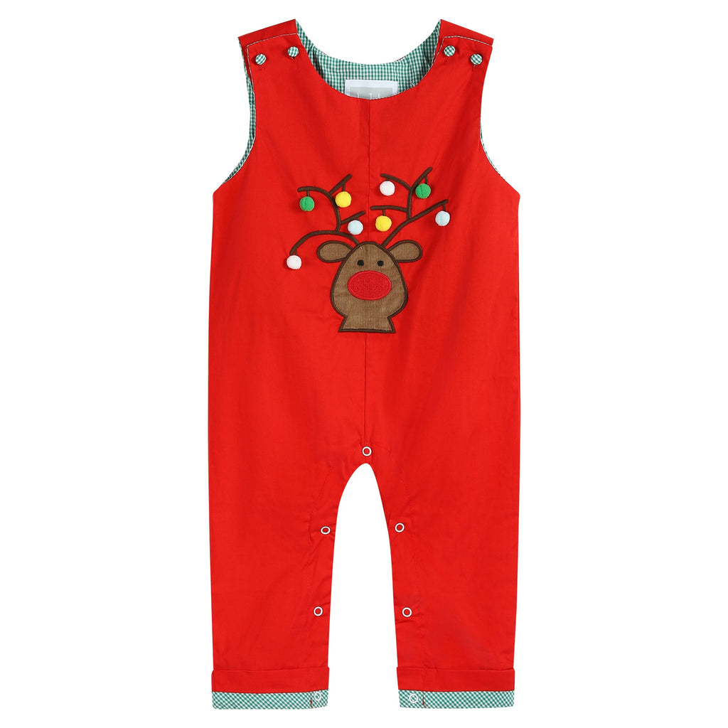 Christmas Plaid Reindeer Pompom Overalls - Lil Cactus