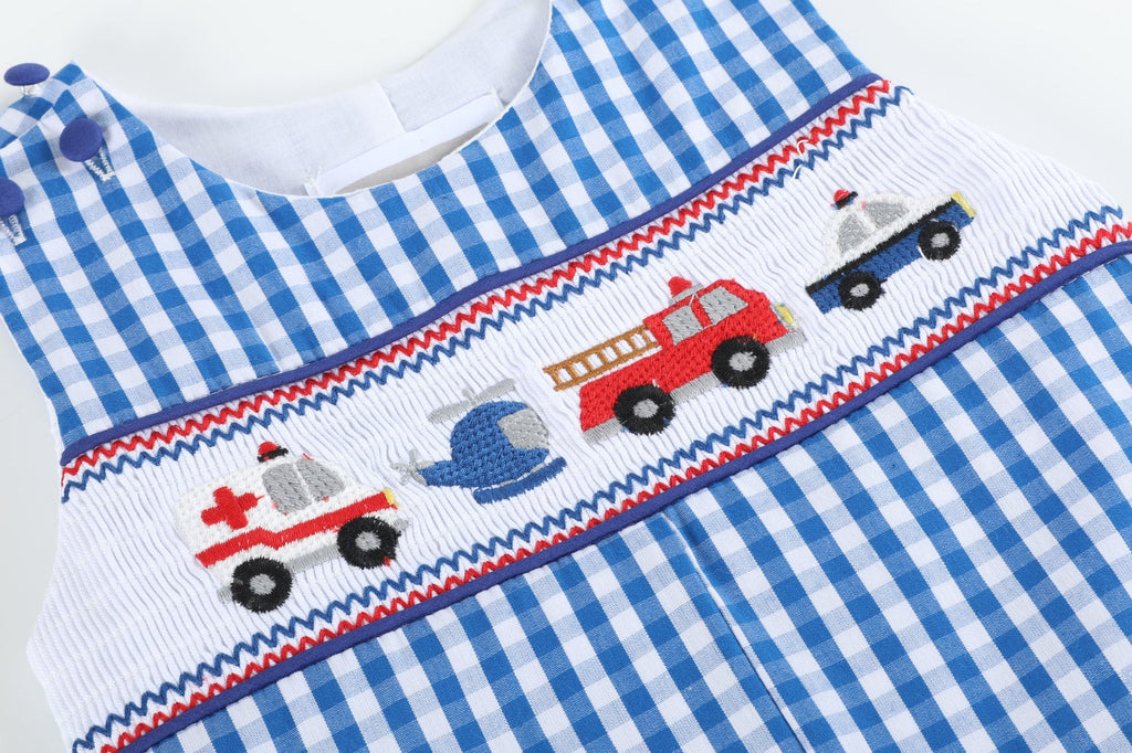 Dark Blue Gingham Emergency Vehicle Smocked Overalls - Lil Cactus