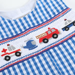 Dark Blue Gingham Emergency Vehicle Smocked Overalls - Lil Cactus