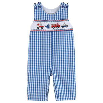 Dark Blue Gingham Emergency Vehicle Smocked Overalls - Lil Cactus