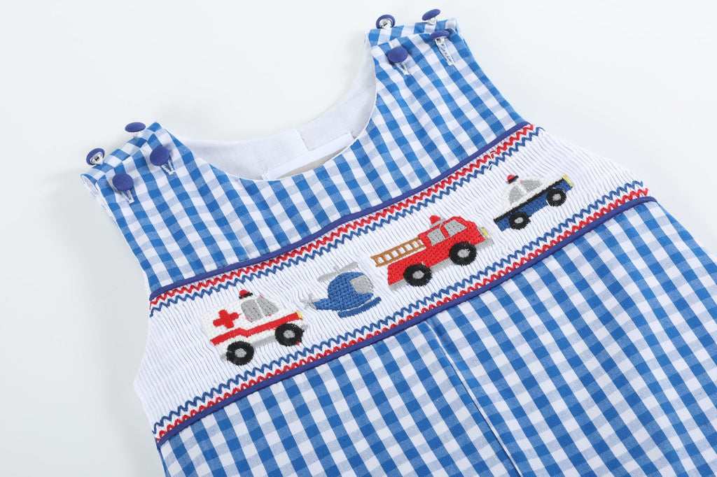 Dark Blue Gingham Emergency Vehicle Smocked Overalls - Lil Cactus