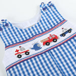Dark Blue Gingham Emergency Vehicle Smocked Overalls - Lil Cactus
