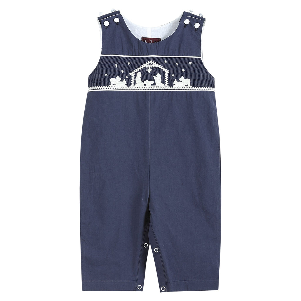 Dark Blue Nativity Smocked Overalls - Lil Cactus