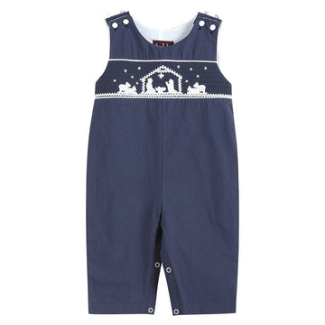 Dark Blue Nativity Smocked Overalls - Lil Cactus