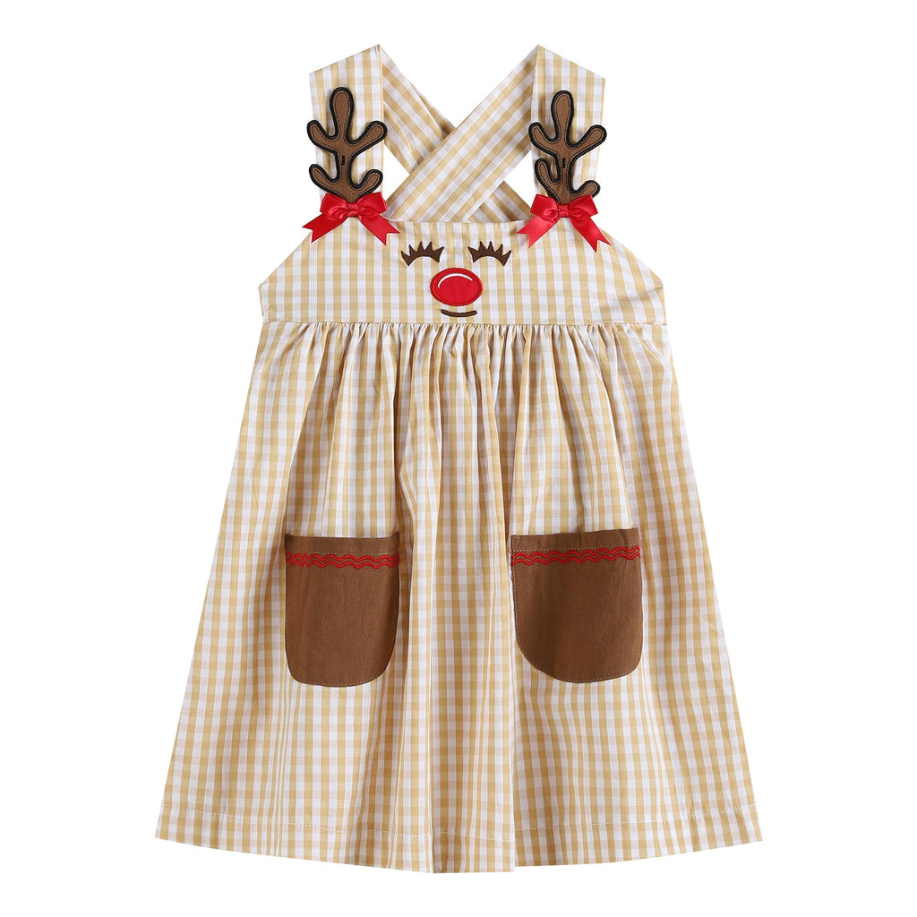 Fawn Brown Gingham Reindeer Pocket Jumper Dress - Lil Cactus