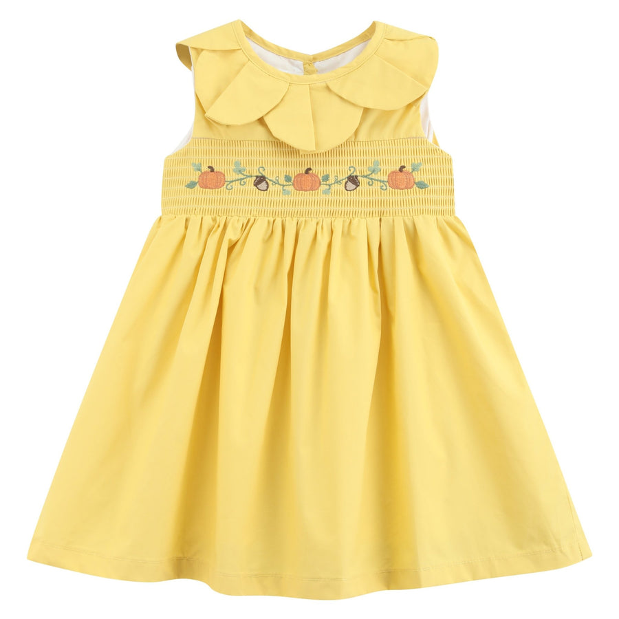 Golden Wheat Pumpkin Smocked Petal Collar Dress - Lil Cactus