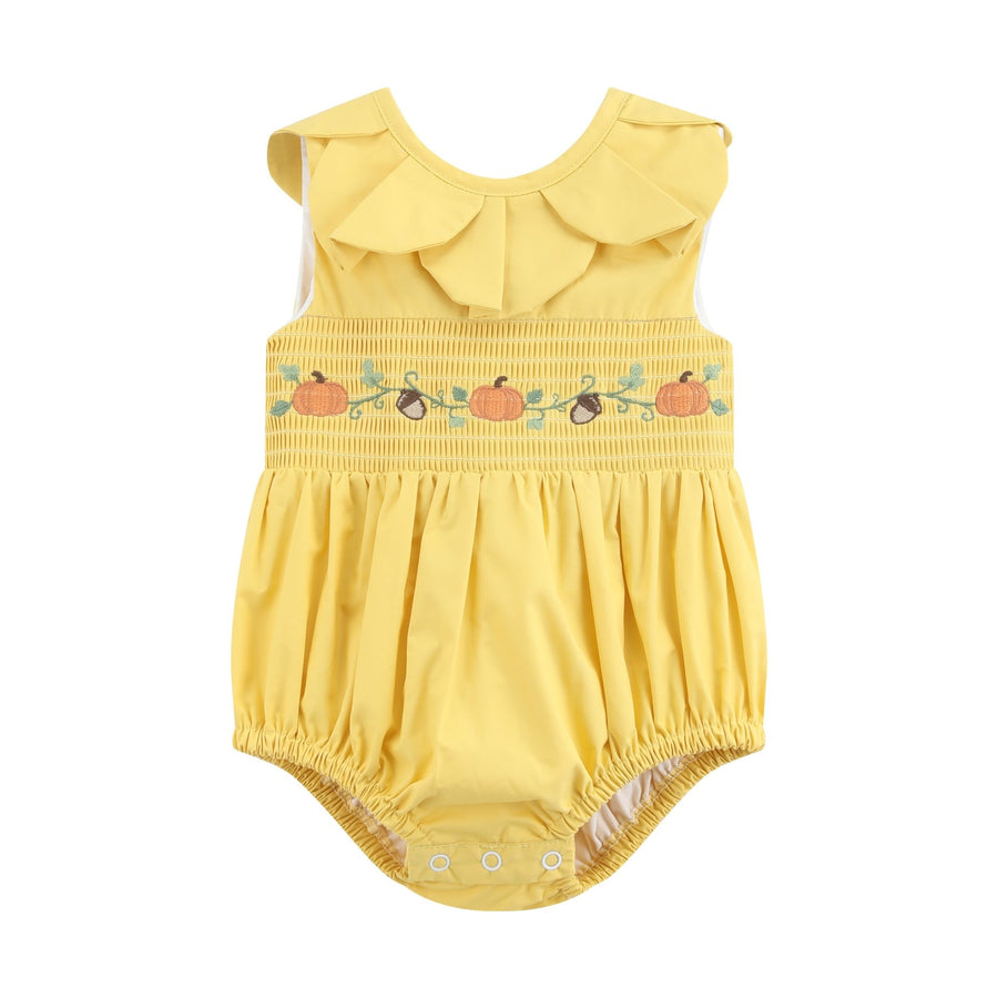 Golden Wheat Pumpkin Smocked Petal Collar Romper - Lil Cactus