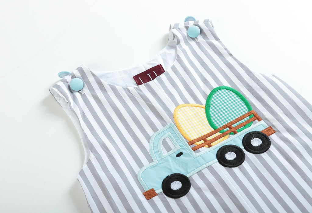 Gray Striped Easter Egg Truck Shortalls - Lil Cactus