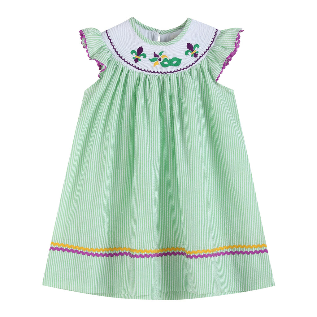 Green and Purple Mardi Gras Smocked Bishop Dress - Lil Cactus