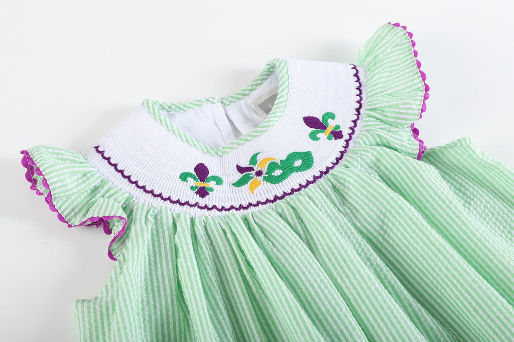 Green and Purple Mardi Gras Smocked Bishop Dress - Lil Cactus