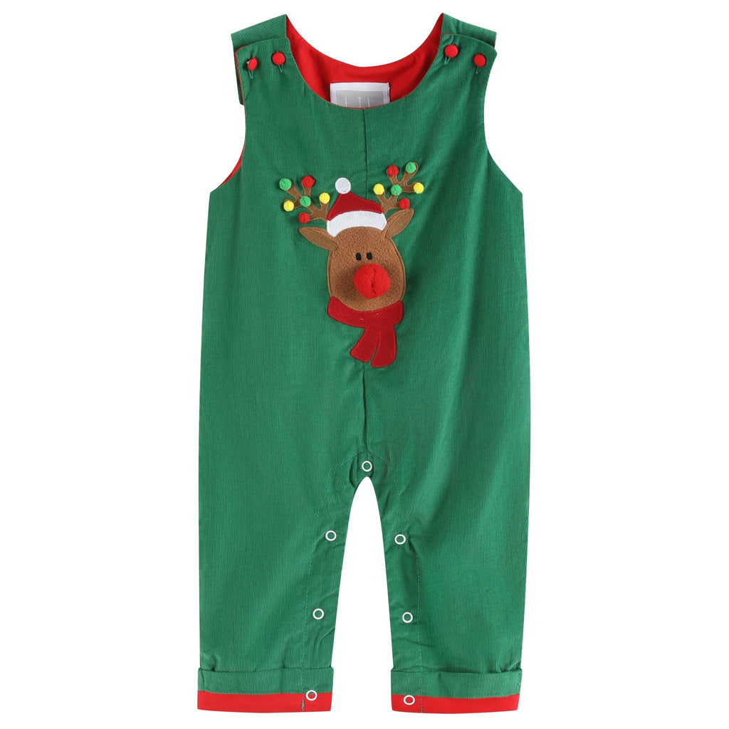 Green Corduroy Sherpa Reindeer Overalls - Lil Cactus