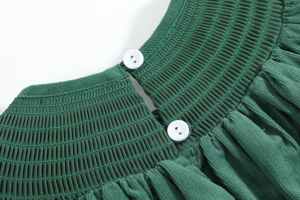 Green Corduroy Smocked Bishop Dress - Lil Cactus