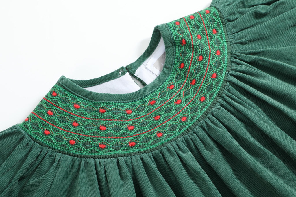 Green Corduroy Smocked Bishop Dress - Lil Cactus