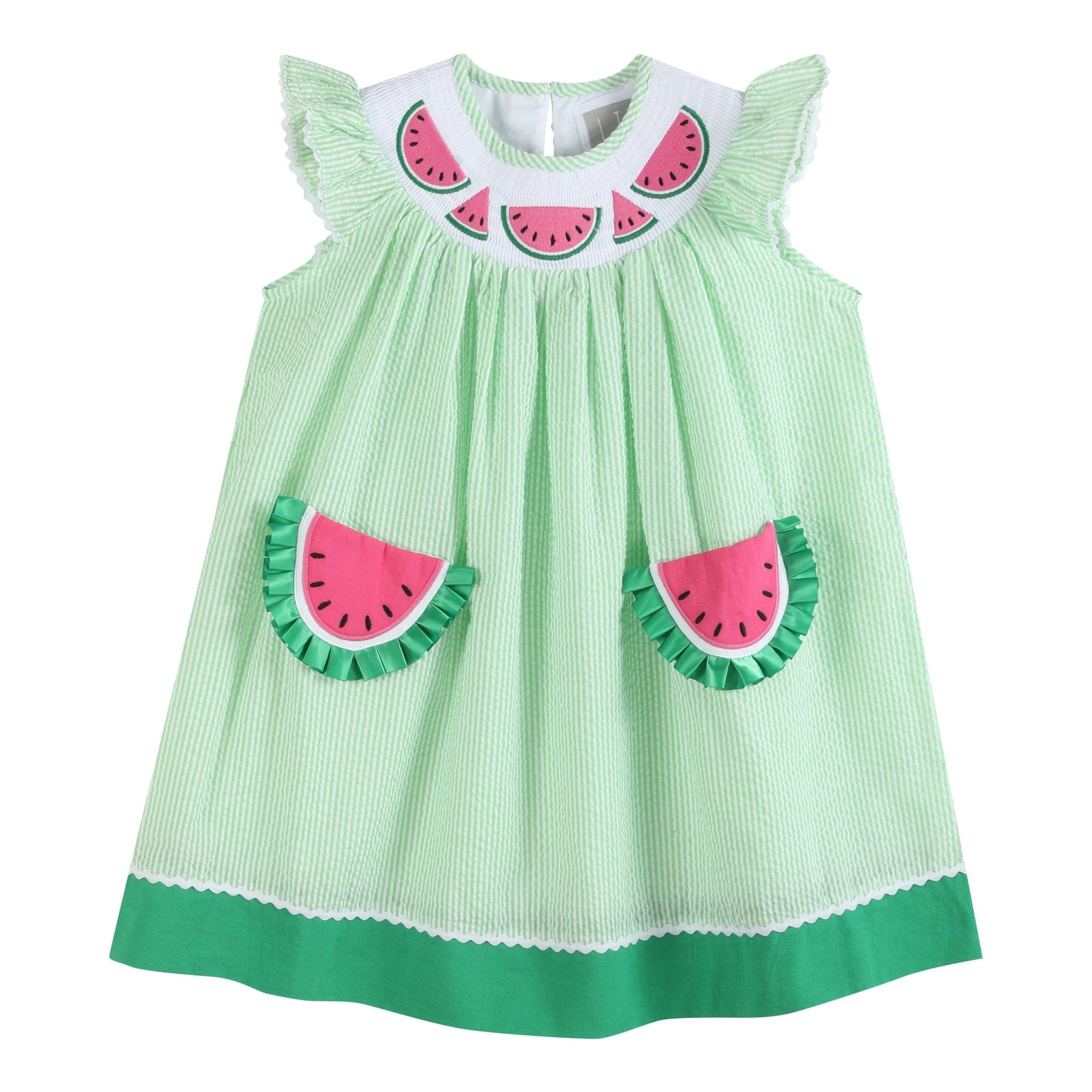 Green Seersucker Watermelon Smocked Bishop Dress - Lil Cactus 6-12M Green Seersucker Watermelon Smocked Bishop Dress - Lil Cactus 6-12M