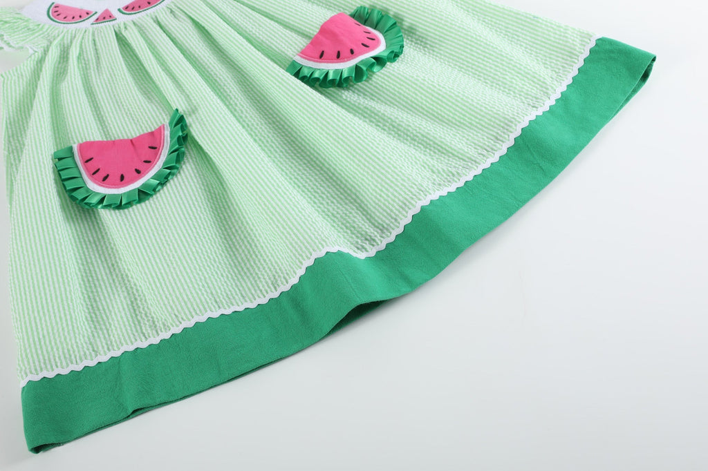 Green Seersucker Watermelon Smocked Bishop Dress - Lil Cactus