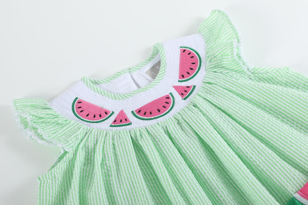 Green Seersucker Watermelon Smocked Bishop Dress - Lil Cactus