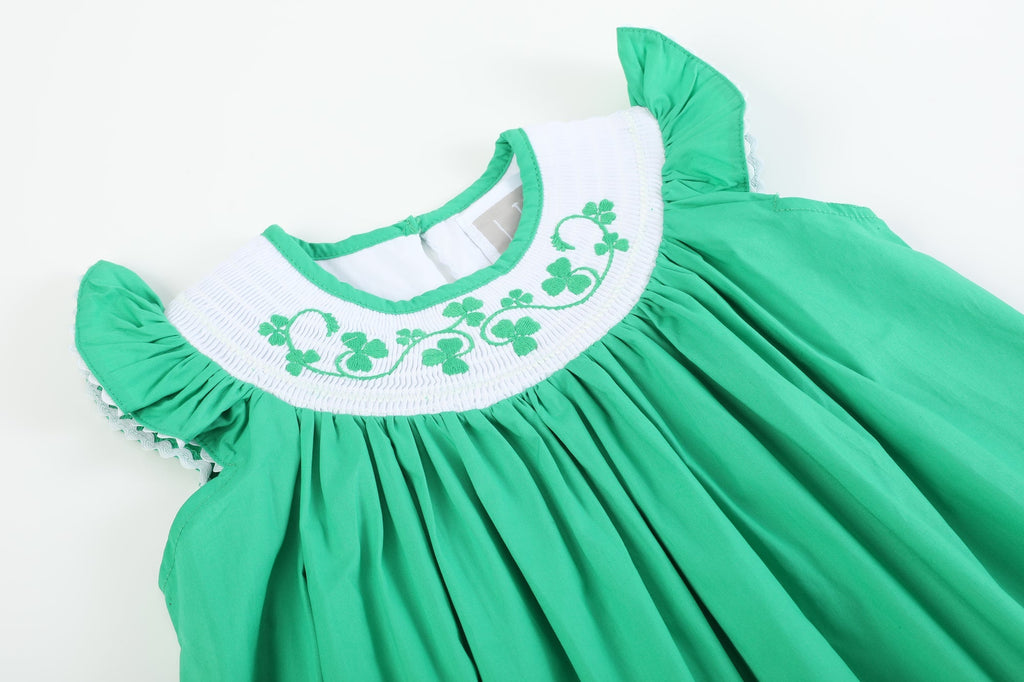 Green St. Patrick's Day Shamrock Smocked Bishop Dress - Lil Cactus