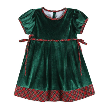 Green Velour Tartan Bows Dress - Lil Cactus
