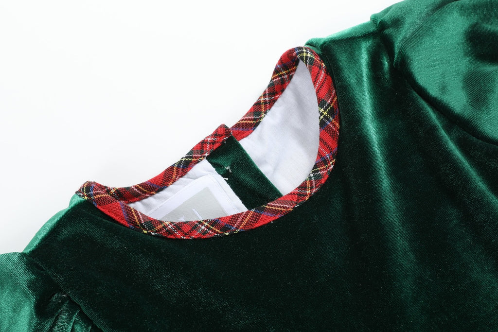 Green Velour Tartan Bows Dress - Lil Cactus